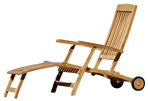 ALEOS. Deckchair Steamer Deckchair mit Rädern Steamer Deckstuhl Liegestuhl Sonnenliege Gartenliege Relaxsessel echt Teak Holz Luna