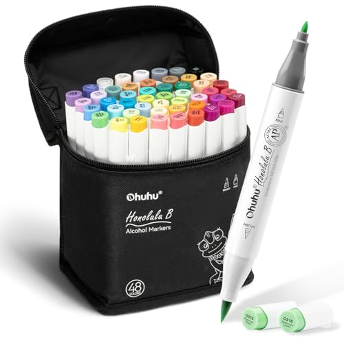 Ohuhu Alcohol Markers Brush and Fine Tip - 48-Color Alcohol-based Art Sketch Marker Set for Artist Adults Coloring Illustration - Brush and Fine Dual Tips- Honolulu B - Refillable - AP Certificated