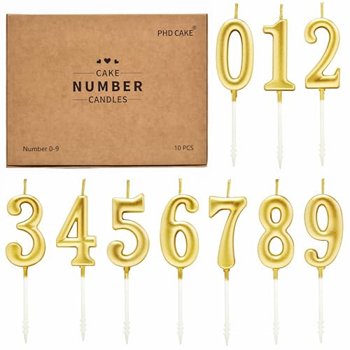 PHD CAKE 10-Pieces Champagne Gold Number Birthday Candles, Cake Numeral Candles Number 0-9 Glitter Cake Topper Decoration for Birthday,Wedding Anniversary,Party Celebration