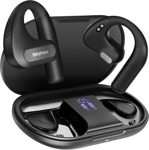 BlitzMax Open Ear Écouteurs Bluetooth 5.3, sans Fil Écouteurs Ouvert sur l'oreille Légers, Basses Renforcées Doubles Haut-Parleurs de 16,2 mm, 60H d'Autonomie avec Affichage LED pour Le Sport