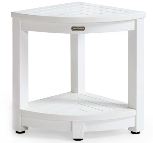 KaimuBench Corner Shower Stool for Inside Shower Waterproof, Poly Lumber Bathroom Shower Corner Bench Seat, Plastic Shower Chair Seat, Shower Shaving Foot Rest with Adjustable Feet, Non-Slip, White