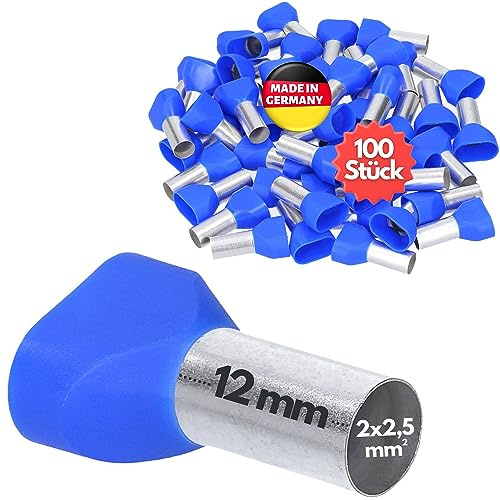 Kalitec 100x Dubbla Trådändhylsor - 2 x 2,5 mm² Isolerade - 12 mm, Blå