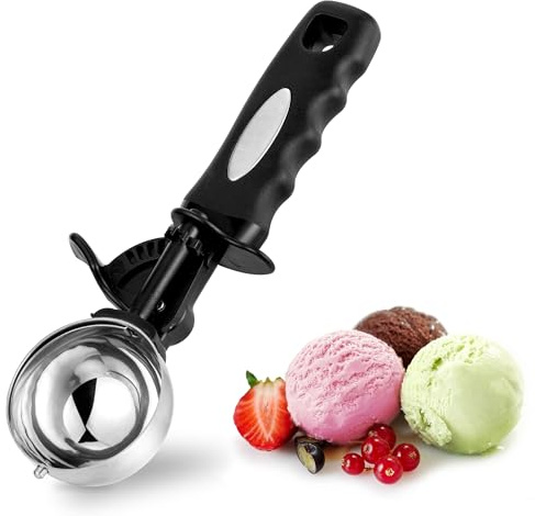 Cuchara de Helado 5,5cm, TJ POP Cuchara para Galletas de 3,5 Cucharadas, Cuchara para Masa y Bola de Melón, Acero Inoxidable con Agarre Cómodo y Gatillo para Pulgar (50 ml)