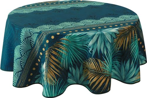 Le Linge de Jules Nappe Anti-Taches Paraiso - Ronde 160 cm, Bleu, Vert, Moutarde