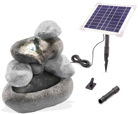 esotec Solar Felsenbrunnen, LiFePo4 Akku, LED, Geschenk Gartenliebhaber, Kaskadenbrunnen, freistehender Springbrunnen, Gartenbrunnen Wasserspiel, Katzenbrunnen, Zierbrunnen, grau, H24cm, außen, 101323