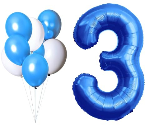 LAC Palloncino Numero 3 - Kit Palloncini Compleanno 3 Anni, 5 Pz Blu e 3 Pz Bianchi - Palloncini Numero Addobbi Festa, Battesimo