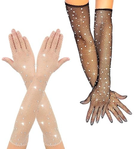 YANINEE 2 Paar Netzhandschuhe Schwarz, Strasssteinen Damen Fishnet Gloves