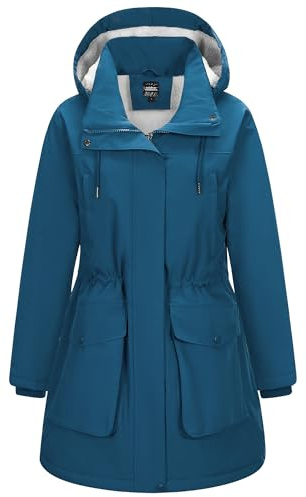 Outdoor Ventures Women's Waterproof Coat with Hood Long Winter Windproof Parka Jacket Ladies Thicken Warm Windbreaker Outdoors Raincoat for Hiking Traveling Walking Ceramic Blue M