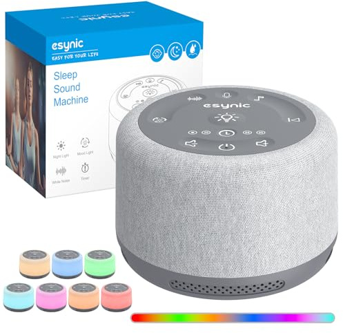 eSynic Vit ljudmaskin med 30 lugnande ljud för sömn vitt brus vuxen baby nattlampa med 6 lägen, 7 justerbara färger, vit brus, maskin, timerfunktion, inspelningsminne
