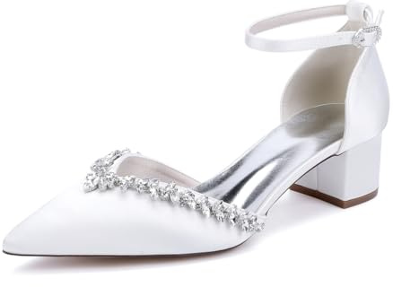 TNMIUH Scarpe da Sposa comode con Tacco Basso e Strass da Donna, Eleganti décolleté in Raso, bellissime Scarpe da Scarpe col Tacco a Blocco per Matrimonio e Sera,Bianca,39 EU