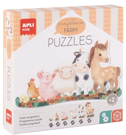Apli Kids 20123 - Min första gård, Progressivt pussel Barn från 2 år, Pedagogiskt spel, bondgårdsdjur, 6 pussel, 21 stora bitar.