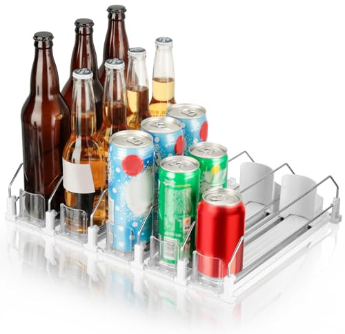 VINATO Organizer Frigorifero, Ferma Bottiglie per Frigorifero, Portabottiglie Frigo con Sistema di Avanzamento Automatico per Fino a 20 Lattine o Bottiglie, per Ottimizzare lo Spazio in Frigorifero