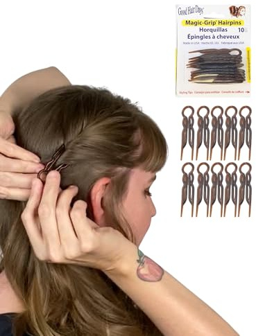 Good Hair Days Magic-Grip Hairpins - 2 1/2 U-Shaped Grip Hair Pins for Fine, Thick, Curly & Long Hair, Invisible Strong Hold Hair Styling Accessories, Set of 10, USA-Made (Tortoise Shell)