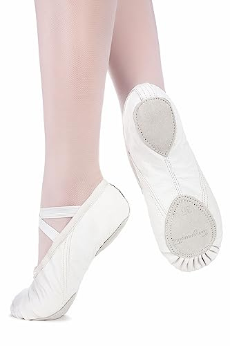 tanzmuster Ballettschuhe Damen - Toni - Leder - Geteilte Ledersohle - Ballettschläppchen für Erwachsene - weiße Tanzschuhe fürs Ballett, steinweiß, 45
