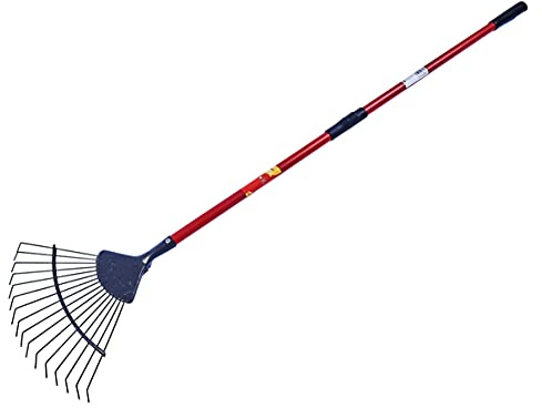 Amtech 16-Tooth Lawn Rake, carbon steel head with wire tines, 120cm tubular shaft with grips, efficient thatch and leaf removal, for lawn tidying and soil prep, 120cm