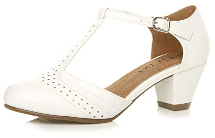 Ajvani Womens Ladies mid Block Heel t-bar Cut Out Buckle Brogue Shoes Sandals, White Matte, 5 UK
