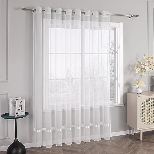 HongYa Stores Voile Gardine Schal Transparenter Vorhang mit Satinband Ösen H/B 145/450 cm Weiß