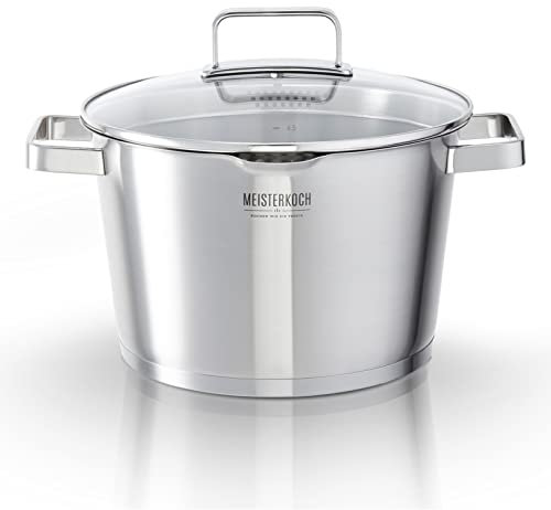 MEISTERKOCH Topf aus gebürstetem Edelstahl 24 cm Ø | mit Ausguss, Innenskalierung und isolierenden Kaltgriffen | 1 Glasdeckel mit feinem und grobem Sieb | Kochgeschirr rostfrei, induktionsgeeignet