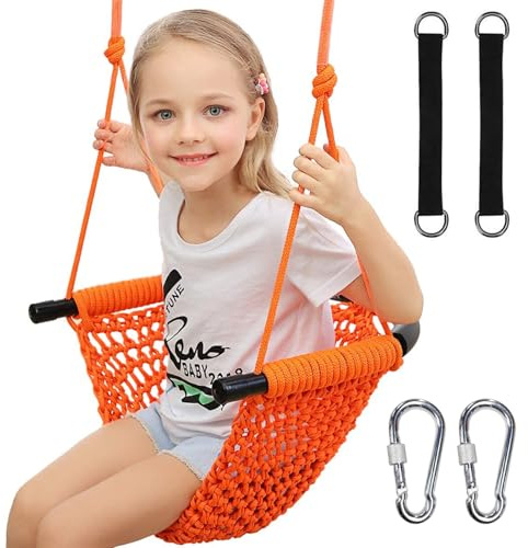 Hi-Na Kids Swing for Swing Set, Heavy Duty Rope Swings with Snap Hooks and Straps, 440LBS Capacity, Toddler Swing Seat for Indoor Porch, Outdoor Playground, Tree, Orange