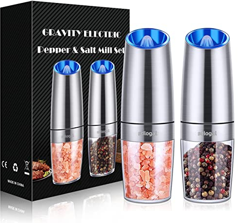 Gravity Electric Salt and Pepper Grinder Set,Battery Salt Pepper Grinder,Automatic Salt and Pepper Mills with Blue Light,Adjustable Coarseness,One Handed Operation,Cleaning Brush(Silver, 2pcs/Pack)