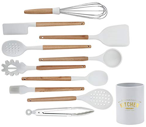 Kit de utensilios de cocina de silicona de 11 piezas, utensilios de cocina antiadherentes con de madera resistente a la temperatura de -30-230,