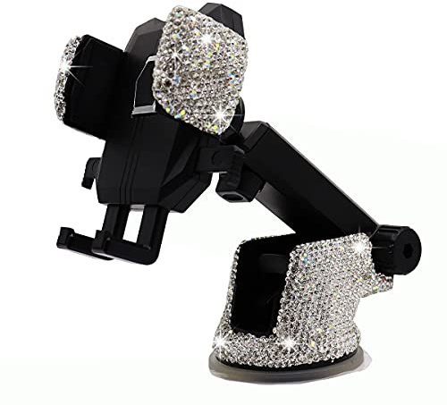 Bling Car Phone Mount Holder,Shiny Crystal Rhinestone Phone Stand for Women and Girls, Car Accessories for Windshield Dashboard,Compatible with Most Cellphones (White)