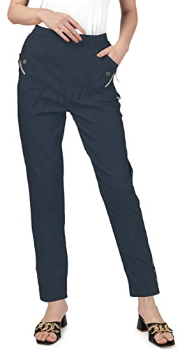 FemISS Femmes Pantalon élastique taille haute coupe décontractée Dames longueur intégrale pantalons légers extensibles doux quotidiens, bleu marine, 52