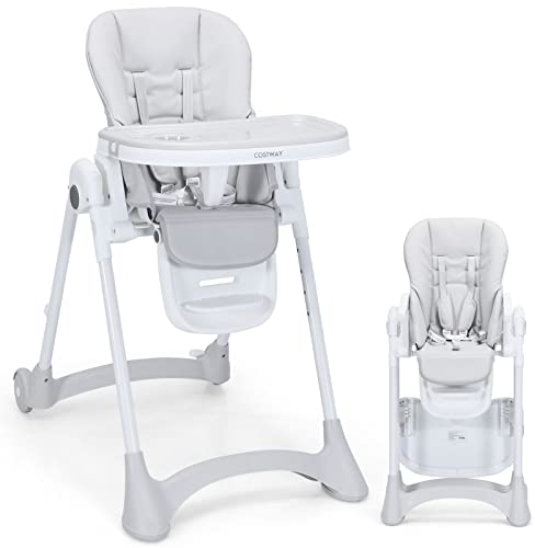 COSTWAY Folding Highchair for Babies and Toddlers, Height Adjustable Baby Feeding Seat Recliner with Double Removable Tray, 5 Point Harness & Lockable Wheels, from 6 Month to 3 Years (Grey)