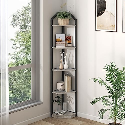 Fun Memories 5 Tier Corner Shelf, 70” Corner Shelf Stand, Corner Bookshelf Plant Stand, Storage Shelf for Bathroom, Living Room, Kitchen,Grey Home Office, Grey