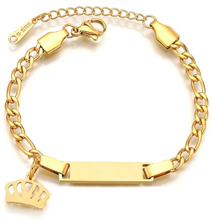 JewelryWe Barn babyarmband figarokedja: guld rostfritt stål högglans polerad ID-bricka med krona hänge figaro-kedja barnarmband babyarmband armkedja för pojkar flickor