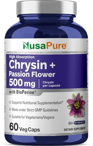 NusaPure Chrysin 500mg, 60 Veggie Capsules | Passion Flower Complex 500mg Supplement | 5, 7-Dihydroxyflavone | Concentrated Extract | Non-GMO, BioPerine & Vegan