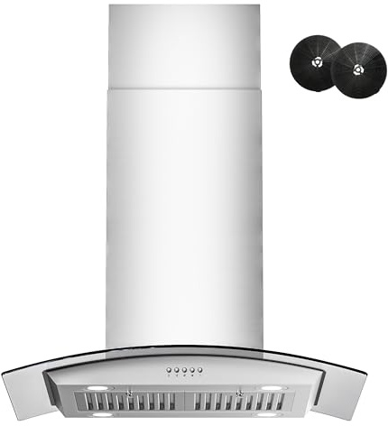 FIREGAS Island Range Hood 30 inch with 700 CFM, Ceiling Mount Kitchen Vent Hood Ducted/Ductless Convertible, Stainless steel stove hood with 3 speed fan, 4 lights, Tempered Glasss, Charcoal Filters