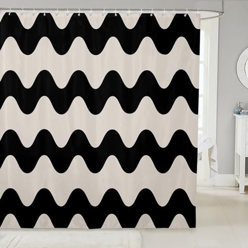 Wave Striped 72Wx72L Shower Curtain,Cream White Black Geometric Pattern Printed Waterproof Bathroom Curtains Abstract Ripple Stripes Fabric Shower Curtain, Art Modern Room Decor