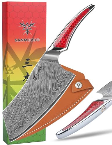 SANMUZUO Coltello Nakiri da 18CM, coltello da carne giapponese in acciaio damasco VG-10, coltello da verdura ultra affilato con impugnatura a codolo intero in resina Rosso, serie LA-S9