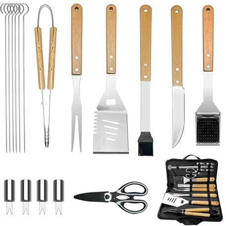 Aolegoo Ensembles d'ustensiles pour Barbecue, Ensemble d'ustensiles de Barbecue Essentiels en Acier INOX et Bois avec Sac Portable