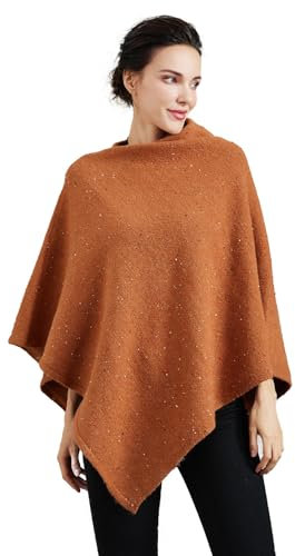 BEAUTELICATE Poncho Damen Winter Gestrickte Poncho Cape Tweed Wolle Strickponcho Elegant ärmellos Pullover Cape Asymmetrische Stola für Herbst Winter Festlich Frühling Weihnachten, Orange