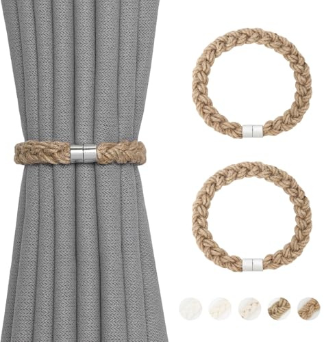 Pretty Jolly 2 Pack Natural Jute Rope Curtain Tiebacks Elegant Boho Style Magnetic Drape Tie Backs Soft Hand-Woven Rope Curtain Holdbacks for Home & Office Drapery (Jute rope-thick)