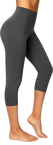 Enjoyoga Leggings para mujer 3/4 con bolsillo interior, cintura alta, pantalones deportivos para correr, yoga, gimnasio, gris, Talla única