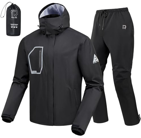RIDEIRON Traje de Lluvia Moto Hombre 2 Piezas – Ropa Impermeable Moto 15000mm con Bandas Reflectantes, Corte Optimizado, Doble Cierre & Capucha Desmontable, Ligero y Portátil-M