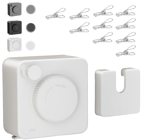 JXKNKSR-Telescopic Clothesline Indoor and Outdoor, Heavy-Duty Laundry Line, Wall Mounted, Safety Lock System (White+10Clothes Pins)