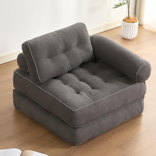 Litbird Canapé Lit 4-en-1 Pliable – Fauteuil Convertible, Canapé Type Pouf, Lit Pliant 1 Place, Idéal pour Petit Espace, Chambre ou Salon (Gris, 95 cm mit Armlehnen)