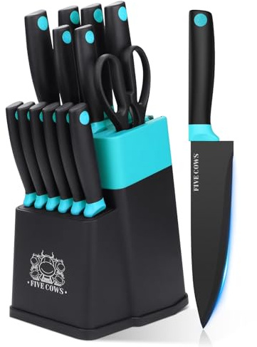 FIVE COWS Couteau Cuisine, 14 pièces Couteaux de Cuisine avec Bloc, avec Aiguiseur Intégré, Set de Couteaux à Steak, X50CR15, Bloc Couteaux Cuisine avec à Pain, Couteau à Fruits et Ciseaux (Vert)