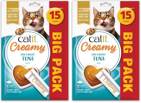 Catit Creamy Tuna Lickable Cat Treats for Cats and Kittens, Cat Treat Licky Snack, Grain-Free Lick Treat, 15 x 10g Multipack (Pack of 2)
