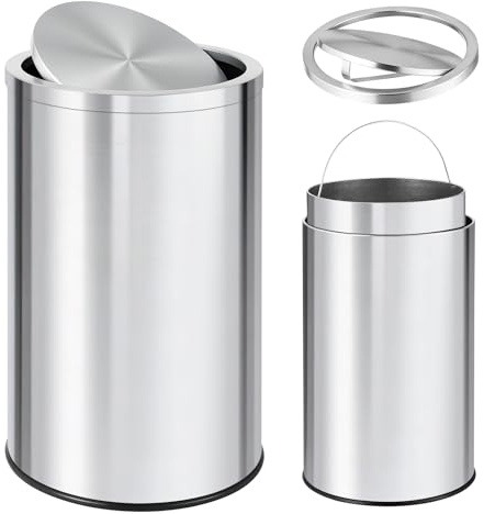 GarveeTech 13 Gallon Round Trash Can, Stainless Steel Swing Top Garbage Can with Soft-Close Flipping Lid & Removable Inner Bucket, 50 Liter Large Commercial Trash Bin for Kitchen, Office, Hotel