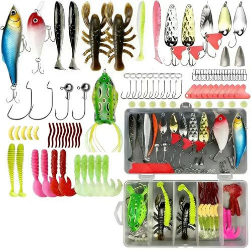 Lot d'appâts de Pêche avec Boîte, 107 Pièces d'Accessoires de Pêche pour Brochet, Sandre, Truite, Leurres Artificiels, Matériel de Pêche, Leurres en Caoutchouc, Kits de Pêche