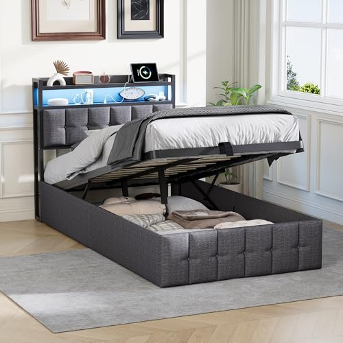 BPKADHY Polsterbett 90x200 cm mit LED-Beleuchtung & USB-C, Hydraulisch Bett mit Stauraum und Kopfteil, Einzelbett Jugendbett Bettgestell mit Lattenrost, Leinen Beige, Ohne Matratze