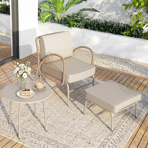 ALAULM 3-Piece Rattan Balcony Furniture, Outdoor Lounge Chair with Ottoman & Round Coffee Table, Weatherproof Cushioned Patio Furniture Set for Balcony, Backyard, Patio（Khaki）