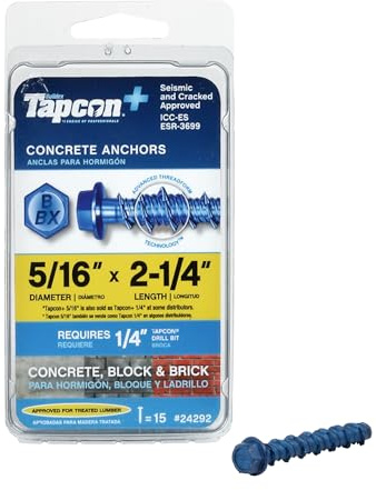 Tapcon+ 5/16 x 2-1/4 Inch Heavy-Duty Hex Head Concrete Anchors, 15 PCS, Corrosion Resistant Blue Climaseal™ Coating, Outdoor Rated Use, Concrete Block & Masonry Brick Screws, Drill Bit Sold Separately