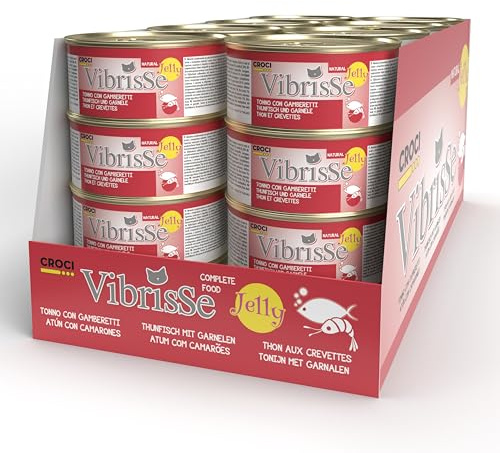 Croci Vibrisse Cibo umido in gelatina per gatti a base di Tonno e Gamberetti, gustoso cibo in gelatina, 24 lattine da 70 g