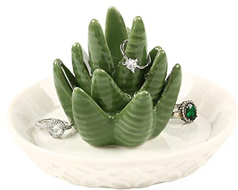 HOME SMILE Ceramic Aloe Ring Holder,Cactus Dish Dish for Jewelry,Christmas Birthday Gifts for Women